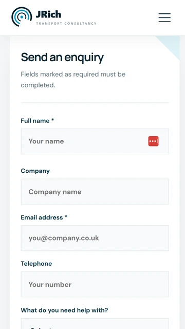 JRich Consultancy contact page on mobile