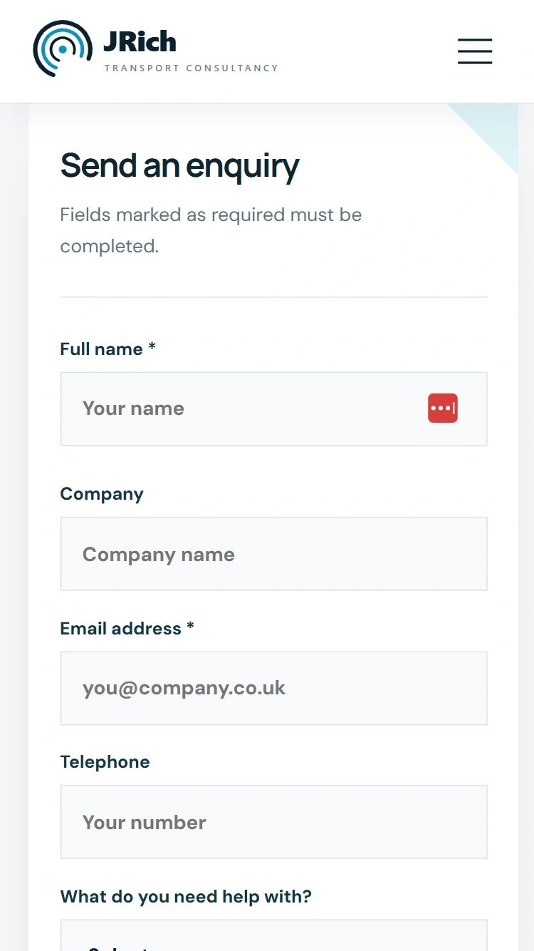 JRich Consultancy contact page on mobile
