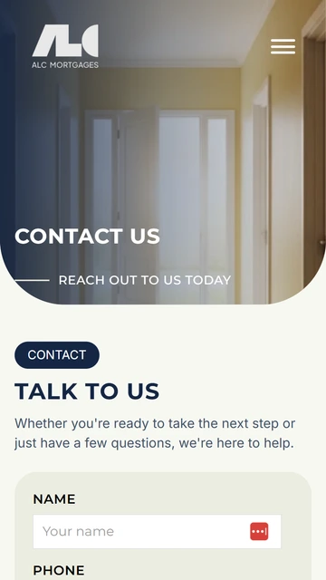 ALC Mortgages contact page on mobile