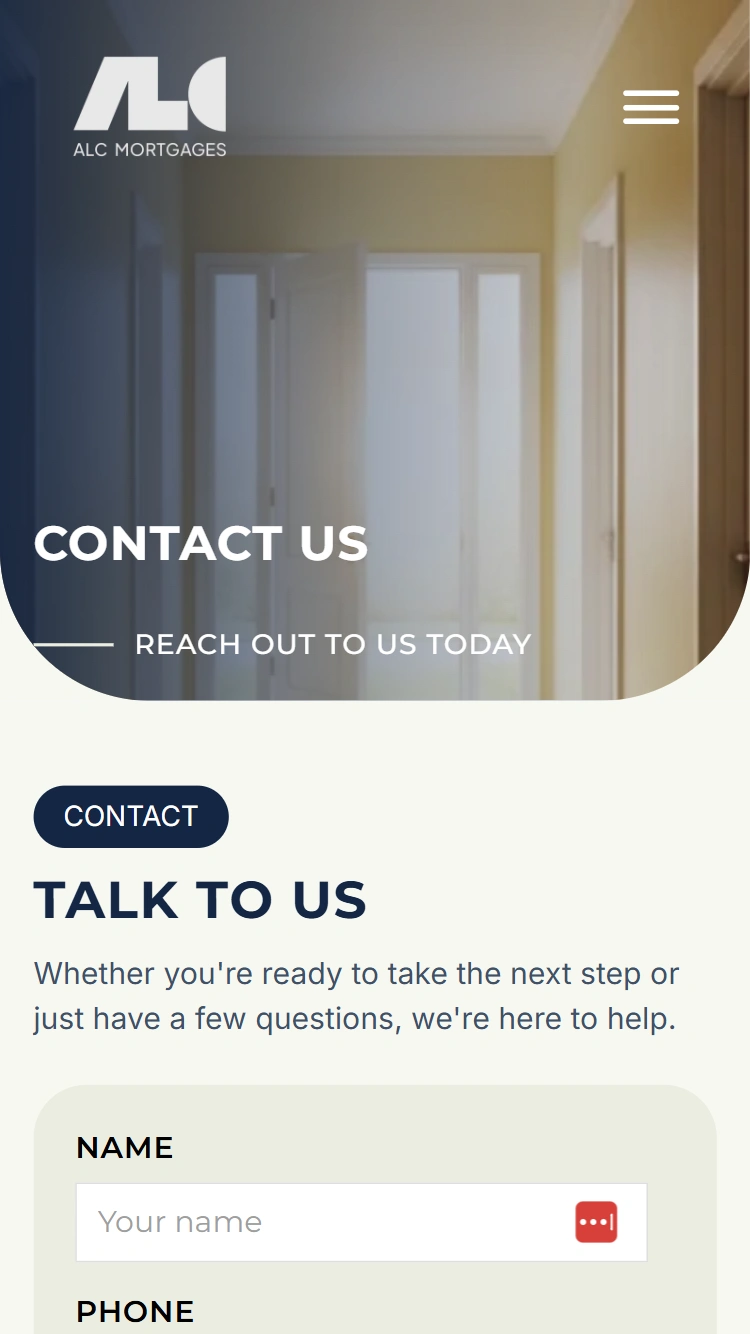 ALC Mortgages contact page on mobile