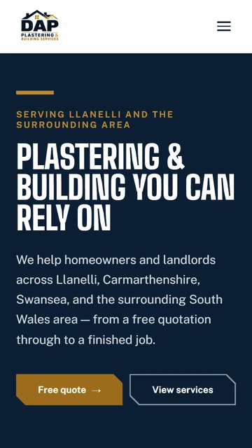 DAP Plastering homepage on mobile