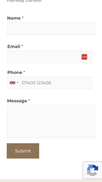 The Halfway Llanelli contact and booking page on mobile