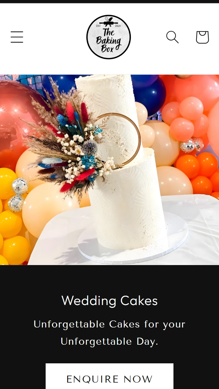 The Baking Box wedding cake enquiry page on mobile