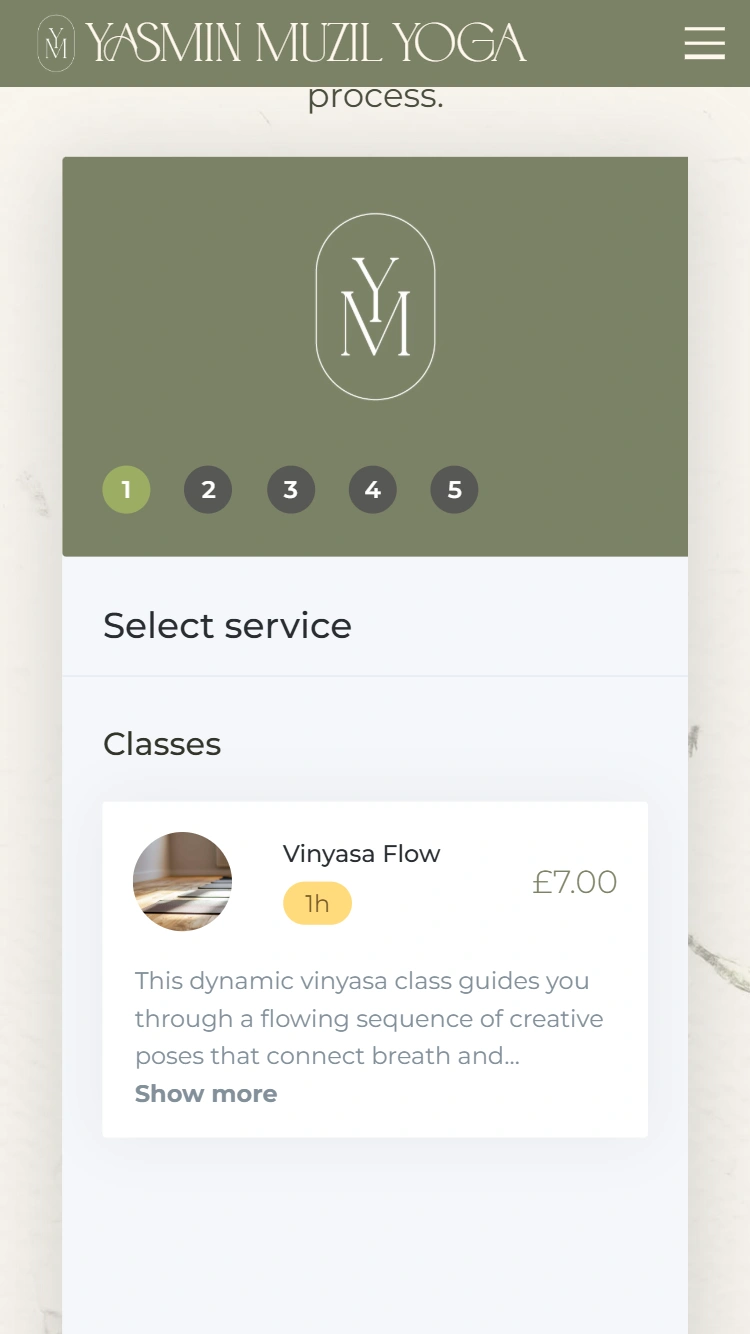 Yasmin Muzil Yoga class booking page on mobile