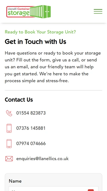 LlanelliCS contact page on mobile